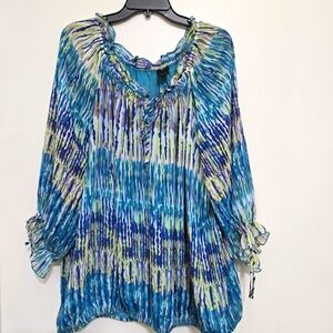 nu options Off Shoulder Ruffled Colorful Boho Peasant Elastic Blouse‎ 3X Blue